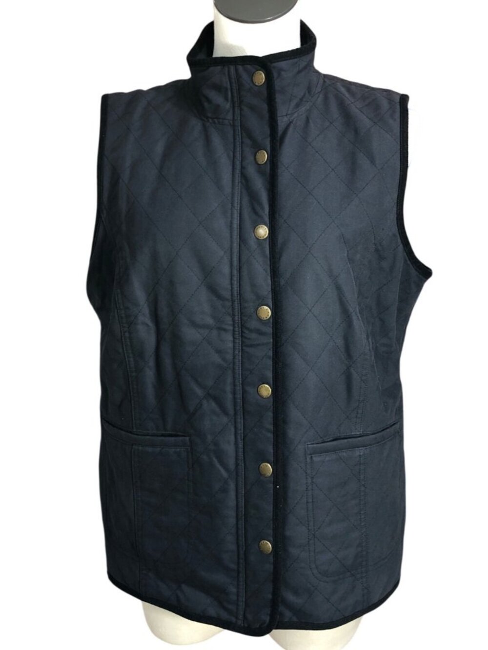 Orvis Womens Diamond Quilted Vest Womens L Navy Plaid Lining Snap Front Outerwea
